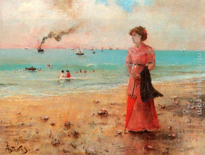 Alfred Stevens Jeune femme a l'ombrelle rouge au bord de la mer